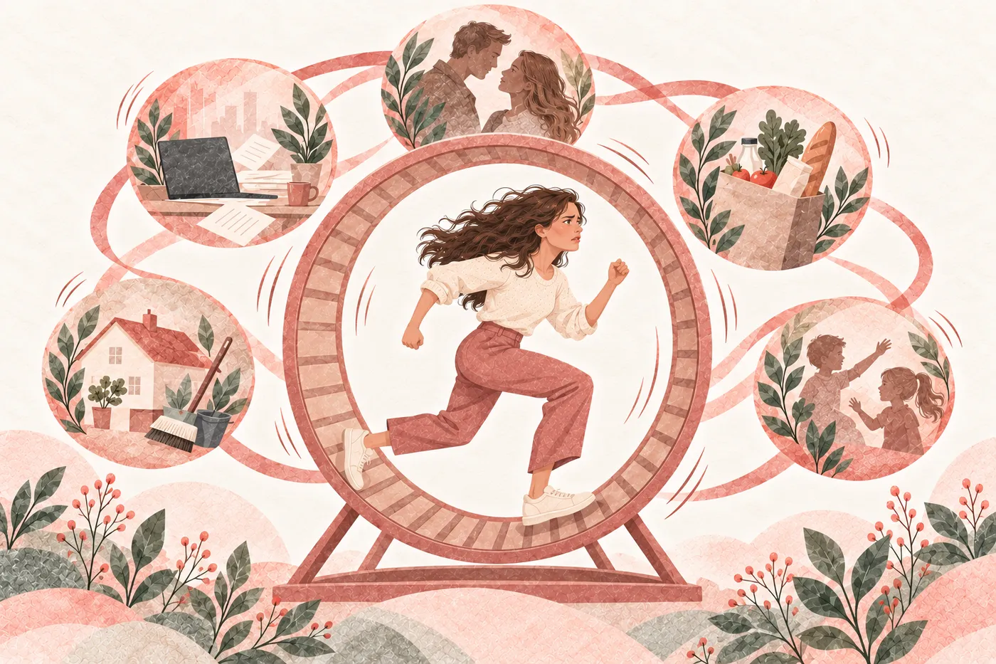 Ilustración de una mujer corriendo dentro de una rueda, para el artículo sobre autoexigencia